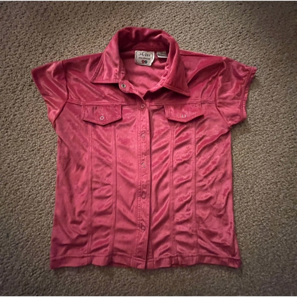 VTG One Step Up Hot Pink Velour Snap Front Top Womens‎ L Y2K